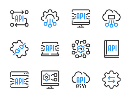 API, Software development and Data integration vector line icons. Application Programming Interface outline icon set.のイラスト素材