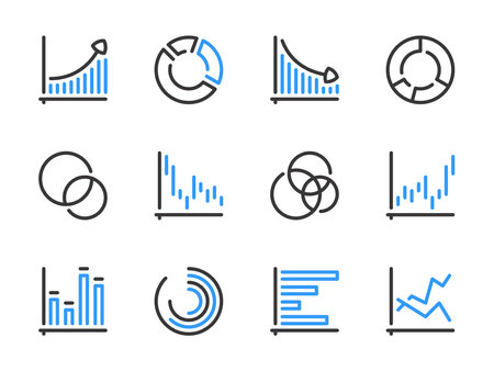 Graph and Chart vector line icons. Graphical Data Report outline icon set. Pie chart, Statistics, Graphic, Diagram, Flowchart and more.のイラスト素材