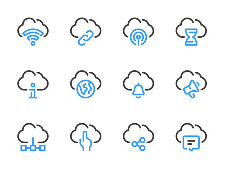 Cloud computing services vector line icons. Online storage preferences outline icon set.のイラスト素材