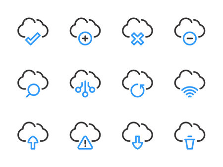 Cloud computing services vector line icons. Online storage preferences outline icon set.のイラスト素材