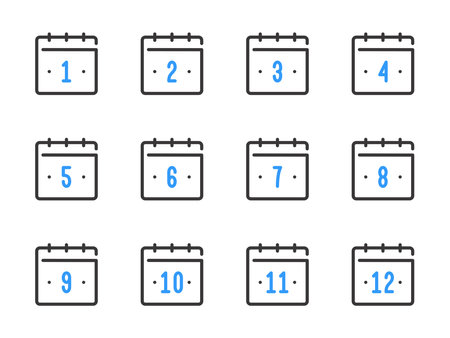 Calendar dates from 1 to 12 vector line icons. Calendar, Schedule and Timetable outline icon set.のイラスト素材