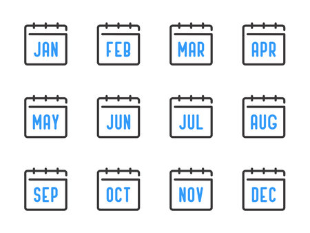 Calendar months vector line icons. Date, Schedule and Timetable outline icon set.のイラスト素材