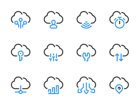 Cloud computing services vector line icons. Online storage preferences outline icon set.のイラスト素材