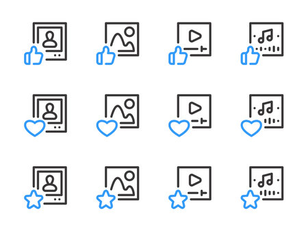Favorite content and Liked publication vector line icons. Best Photo, Image, Video and Music outline icon set.のイラスト素材