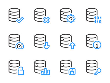 Database and Server vector line icons. Online Storage and Data Center outline icon set. Access, Programming, Performance, Configuration, Statistics, Password and more.のイラスト素材