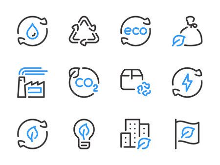 Ecology and Environment vector line icons. Eco product and Renewable energy outline icon set. Green energy, Garbage recycling, Factory, Recycling process, Water purification and more.のイラスト素材