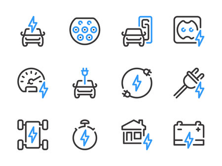 Electric car and Vehicle charging vector line icons. Auto charger, Battery and Electro engine outline icon set.のイラスト素材