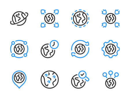 Globe and Earth vector line icons. Planet and Global network outline icon set.のイラスト素材