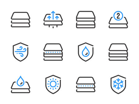 Fabric features vector line icons. Material protection and Layered fabric outline icon set.のイラスト素材