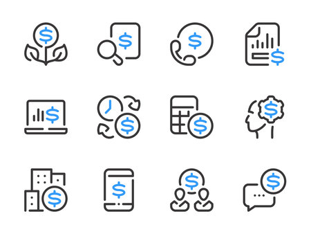 Money, Dollar and Finance vector line icons. Financial benefits and Cash flow analysis outline icon set. Financial growth, Hourly wages, Payment calculation, Business consulting and more.のイラスト素材