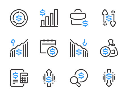 Money, Dollar and Finance vector line icons. Trading market and Financial analytics outline icon set. Stock portfolio, Trading schedule, Market profit, Investment search, Stock sales and more.のイラスト素材