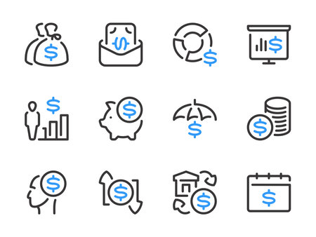 Money, Dollar and Finance vector line icons. Investment and Financial literacy outline icon set. Budget, Analytics report, Savings, Economy, Bank deposit and more.のイラスト素材