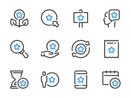 Reward star and Bonus points vector line icons. Special offer and Loyalty program outline icon set. Membership system, Collect coins, Benefit, Gift bonus offer and more.のイラスト素材