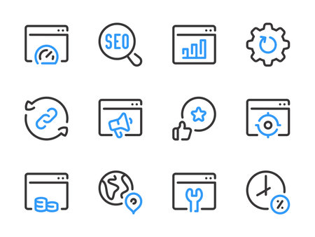 Search Engine Optimization vector line icons. SEO and Business research outline icon set.のイラスト素材