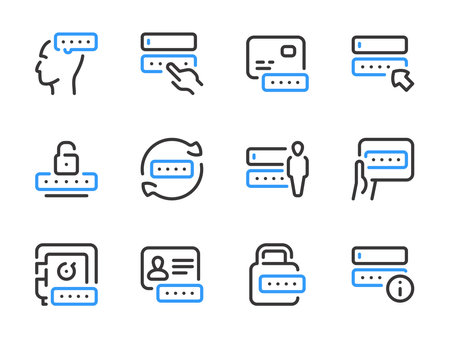 Password and Entry vector line icons. Pass code and Login outline icon set. Change password, Create a code, Account access, Profile login, Personal cipher and more.のイラスト素材