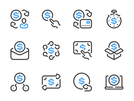 Money, Dollar and Finance vector line icons. Money transfer and Exchange outline icon set. Money movement, Salary, Savings, Cash income and more.のイラスト素材