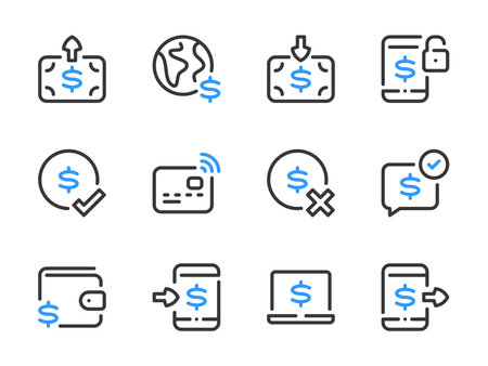 Money, Dollar and Finance vector line icons. Payment method and Online payment outline icon set. Money transfer, Online wallet, Pay by phone, Payment confirmed and more.のイラスト素材