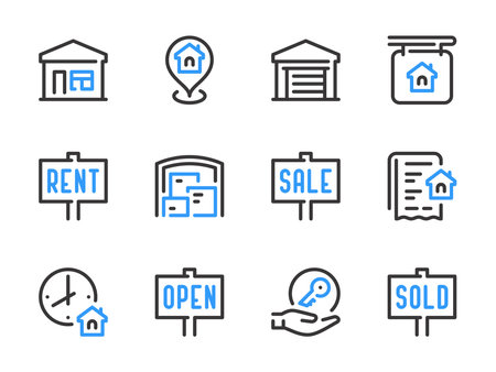 Real Estate and Property vector line icons. Building, House, Apartment and Home ownership outline icon set.のイラスト素材