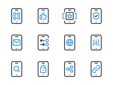 Mobile Phone Applications and Services vector line icons. Smartphone Preferences outline icon set.のイラスト素材