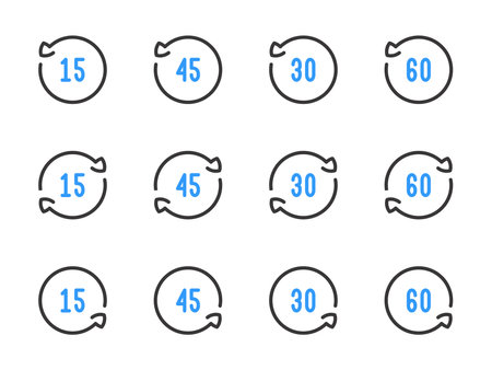 Rotate 15, 30, 45 and 60 degrees vector line icons. Angle of Rotation and Rotating arrow with angle value outline icon set.のイラスト素材