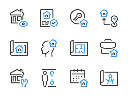 Real Estate and Property vector line icons. Building, House, Apartment and Home ownership outline icon set.のイラスト素材