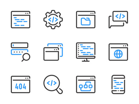 Programming and Computing vector line icons. Coding and Software Development outline icon set. Website code, Web Page, Online Technology, Code, Application, Program and more.のイラスト素材