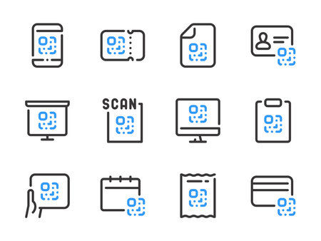 QR code vector line icons. Coded information outline icon set. Digital tag, Code scan, Encrypted data, Link barcode and more.のイラスト素材