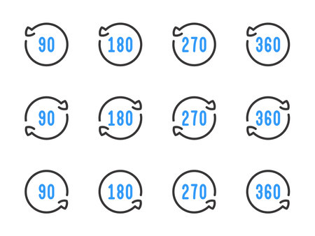 Rotate 90, 180, 270 and 360 degrees vector line icons. Angle of Rotation and Rotating arrow with angle value outline icon set.のイラスト素材