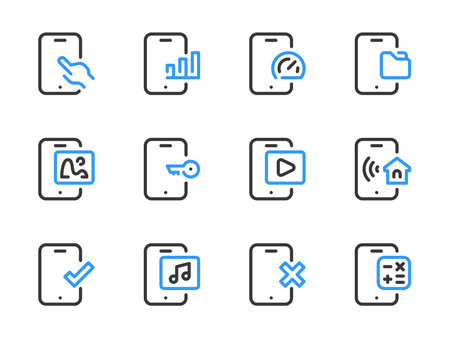 Mobile Phone Applications and Services vector line icons. Smartphone Preferences outline icon set.のイラスト素材