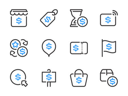 Money, Dollar and Finance vector line icons. Online shopping and Purchases outline icon set. Online shop, Price tag, Delivery box, Bonus exchange, Contactless payment, Signboard, Coupon and more.のイラスト素材