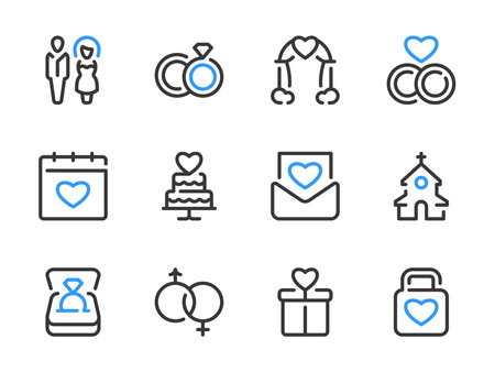 Wedding day and Solemn event vector line icons. Marriage and Engagement outline icon set.のイラスト素材