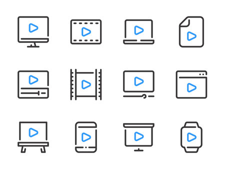 Video and Media player vector line icons. Film, Movie and Play content outline icon set.のイラスト素材