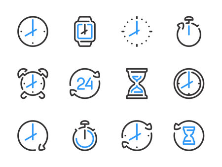 Time and Clock vector line icons. Watch and Hour outline icon set. Countdown, Timer, 24 Hours, Deadline, Time management and more.のイラスト素材