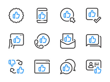 Thumbs up and Like vector line icons. Feedback and Rating outline icon set.のイラスト素材