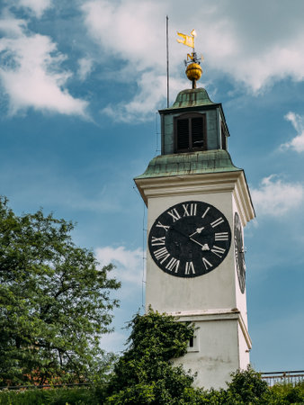 Clock Tower on the Petrovaradin fortress, Novi Sad, Serbia at sunset