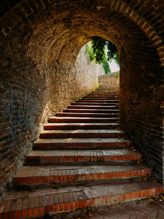 Stairs in the tunnel leading to the Petrovaradin Fortress, Novi Sad, Serbiaの写真素材