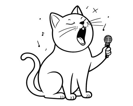 A Vector Drawing Of A Cat Singing Holding A Microphone With Stars and music notes around.のイラスト素材