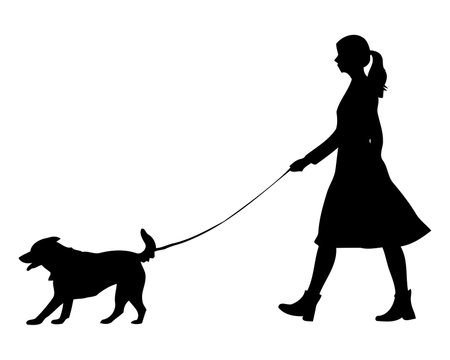 silhouette of a girl walking a dog. woman pet owner. lady with dog on leash illustration.のイラスト素材