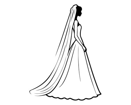 simple line art of a bride wearing wedding dress and veil. beautiful woman on her special day costume.のイラスト素材