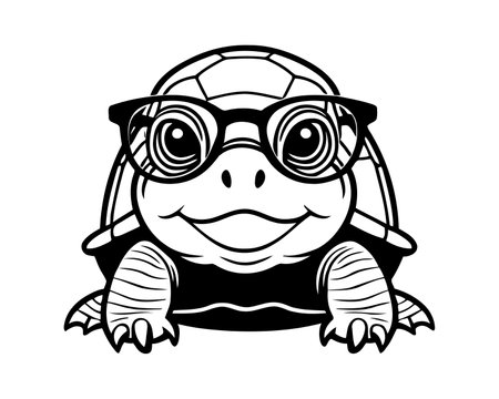 sea turtle wearing sunglasses illustration silhouette. black and white wild ocean animals cartoon mascot character design.のイラスト素材