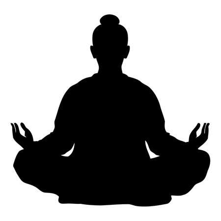 Silhouette of Man Practicing Meditation Outdoors Depicting Tranquility, Nature Connection, and Mental Wellness in Vector Illustrationのイラスト素材