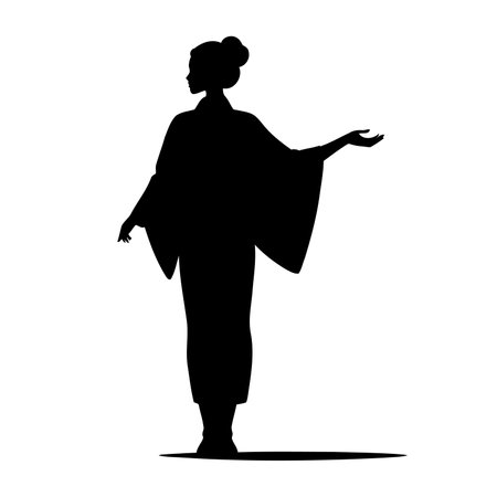 Traditional Japanese woman silhouette wearing ornate kimono with flowing sleeves and elegant updo, perfect for cultural posters, Asian fashion artwork, or heritage-style illustrations.のイラスト素材