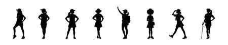 Silhouette Set of Girl Scouts in Uniforms with Backpacks and Outdoor Gear Representing Adventure, Teamwork, Leadership, and Scouting Activities in Vector Illustration Styleのイラスト素材
