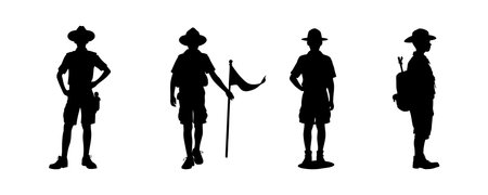Silhouette Set of Boy Scouts in Uniforms with Camping Gear and Outdoor Poses Highlighting Adventure, Leadership, Survival Skills, and Scouting Activities in Natureのイラスト素材