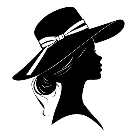 Silhouette of Woman Wearing Stylish Hat in Elegant Profile Pose for Fashion, Beauty, Vintage Accessories and Trendy Lifestyle Concepts in Vector Illustrationのイラスト素材