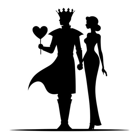 Vector Silhouette of King and Queen in Love with Regal Crowns and Robes Symbolizing Royal Romance, Noble Affection, Kingdom Power, and Eternal Love in Medieval Fantasy Themesのイラスト素材