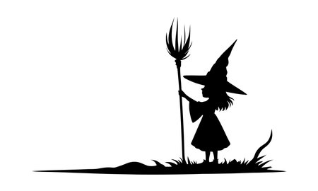 Silhouette of Little Witch Holding Broomstick with Pointed Hat Representing Halloween, Magic, Cute Fantasy Character, Spellcasting, and Enchanted Story Themes in Vector Styleのイラスト素材