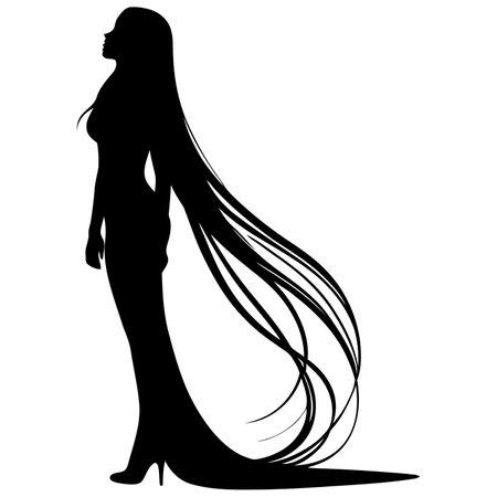 Vector Silhouette of Elegant Female Figure with Extra Long Hair Cascading Down for Beauty, Mythical Style, Hair Design, and Artistic Woman Themesのイラスト素材