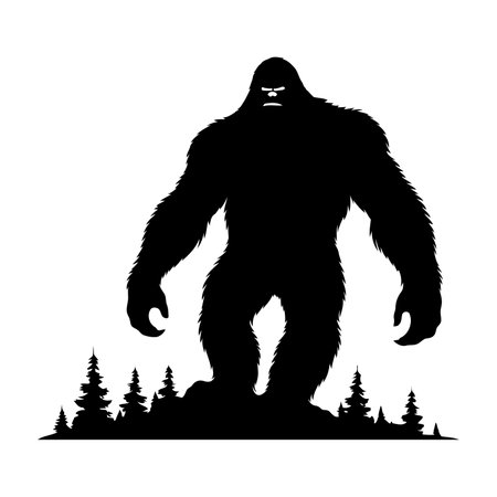 Silhouette of Sasquatch Walking Through Forest Trees Depicting Bigfoot Legend, Cryptid Creature, Wilderness Mystery, and Folklore Adventure in Vector Illustration Styleのイラスト素材