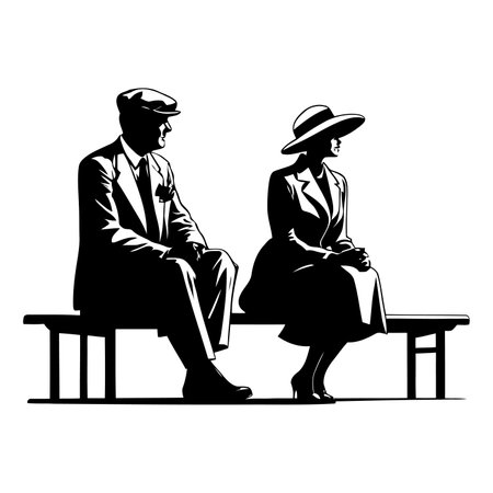 Vector Silhouette of Senior Couple Relaxing on Bench in Nature symbolizing enduring affection, mature love, aging gracefully, outdoor serenity, and retirement lifestyleのイラスト素材